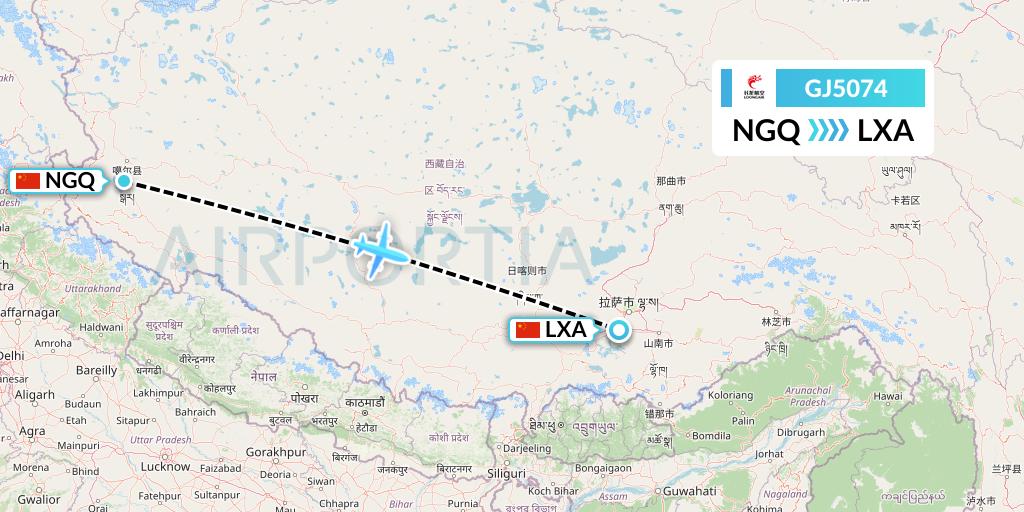 GJ5074 Loong Airlines Flight Map: Ngari to Lhasa