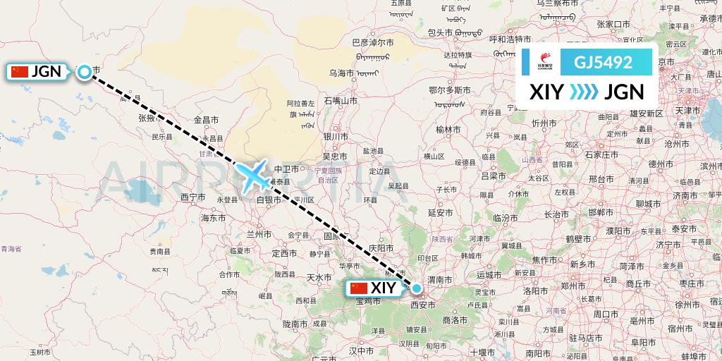 GJ5492 Loong Airlines Flight Map: Xi'an to Jiayuguan