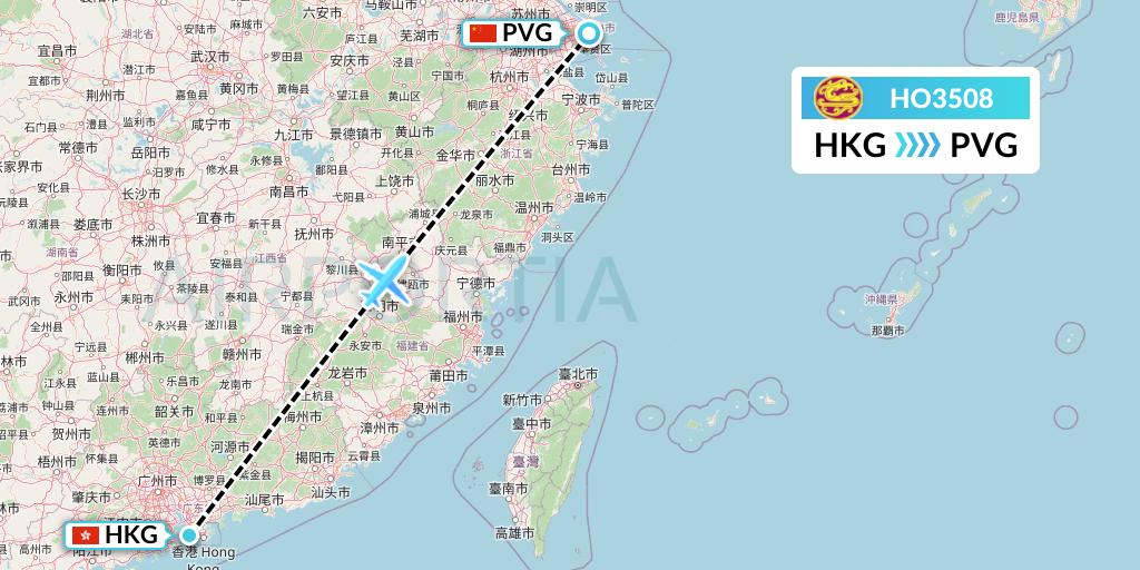 HO3508 Juneyao Airlines Flight Map: Hong Kong to Shanghai