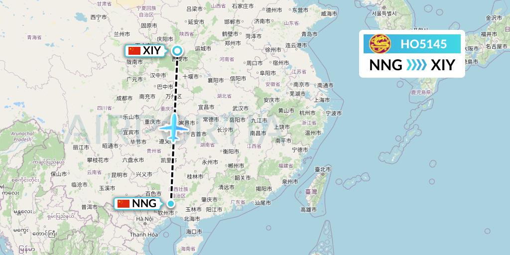 HO5145 Juneyao Airlines Flight Map: Nanning to Xi'an