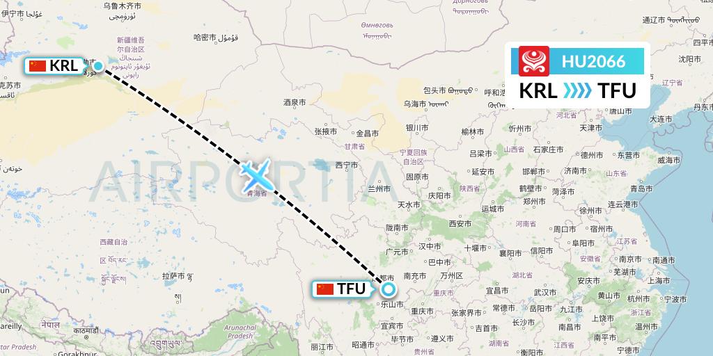 HU2066 Hainan Airlines Flight Map: Korla to Chengdu