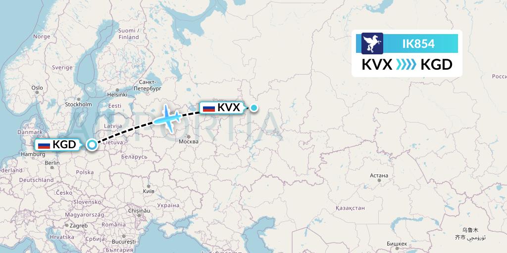 IK854 Air Kiribati Flight Map: Kirov to Kaliningrad