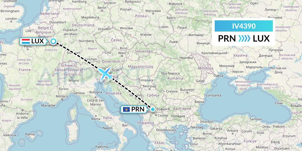 IV4390 VVB Aviation Malta Flight Map: Pristina to Luxembourg