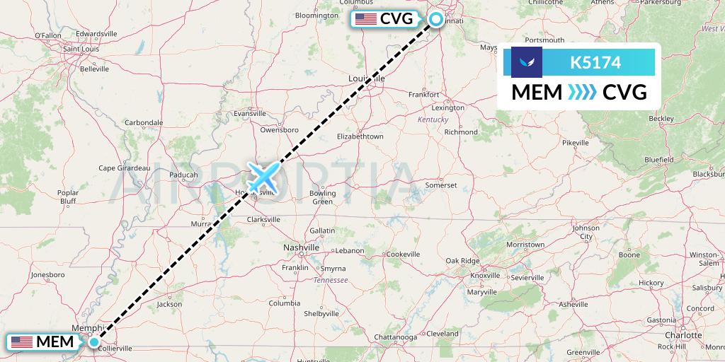 K5174 SeaPort Airlines Flight Map: Memphis to Cincinnati