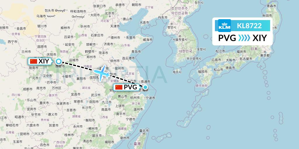 KL8722 KLM Flight Map: Shanghai to Xi'an