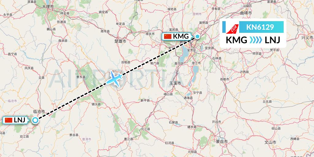 KN6129 China United Airlines Flight Map: Kunming to Lincang