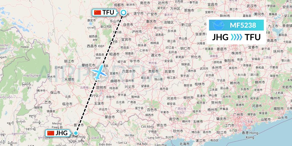 MF5238 Xiamen Airlines Flight Map: Jinghong to Chengdu