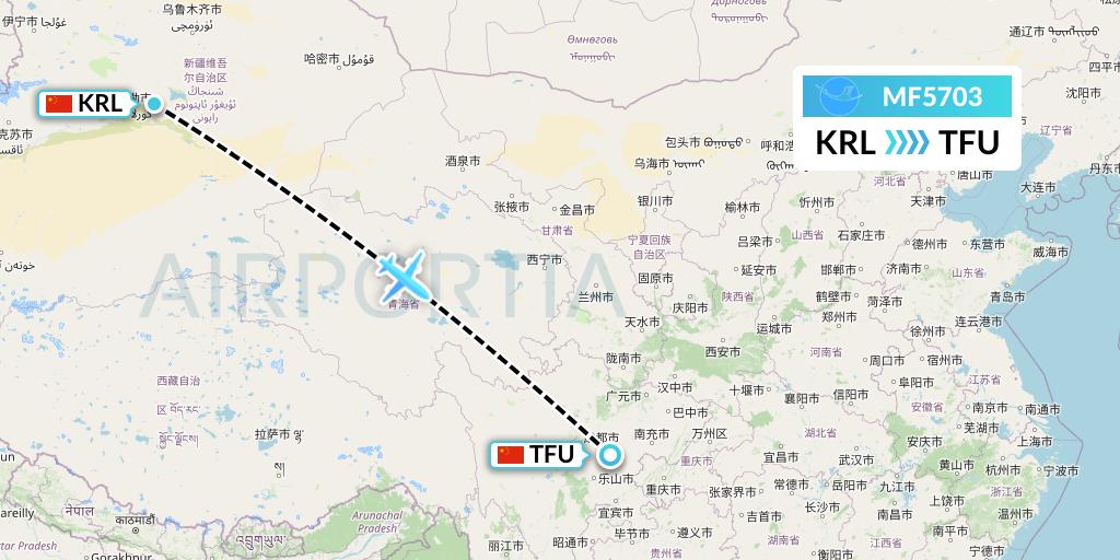 MF5703 Xiamen Airlines Flight Map: Korla to Chengdu