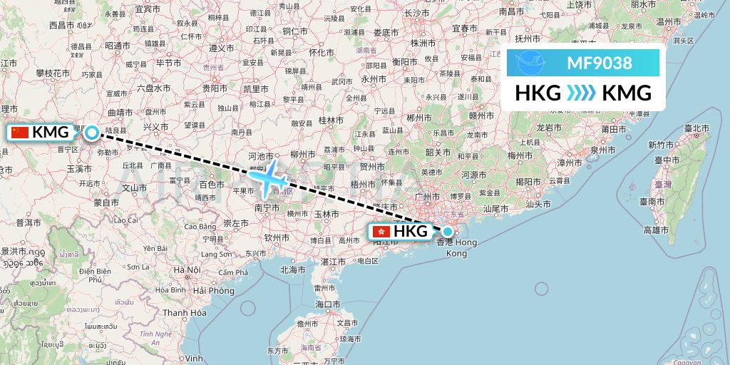 MF9038 Xiamen Airlines Flight Map: Hong Kong to Kunming
