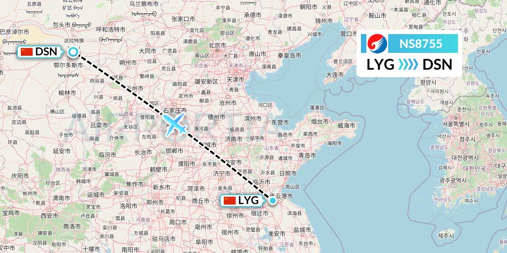 NS8755 Hebei Airlines Flight Map: Lianyungang to Dongsheng