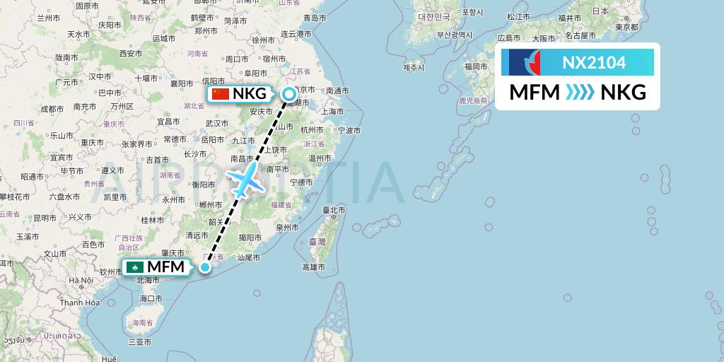 NX2104 Air Macau Flight Map: Macau to Nanjing