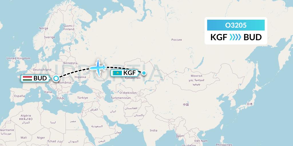 O3205 SF Airlines Flight Map: Karaganda to Budapest