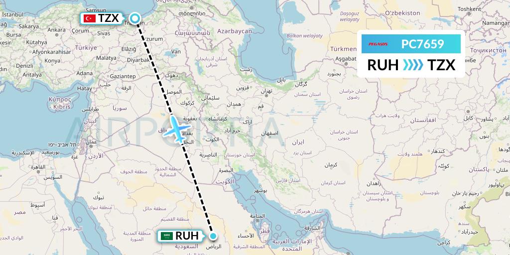 PC7659 Pegasus Airlines Flight Map: Riyadh to Trabzon