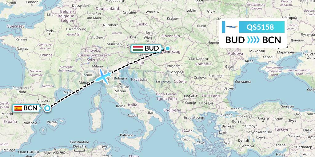 QS5158 Smartwings Flight Map: Budapest to Barcelona