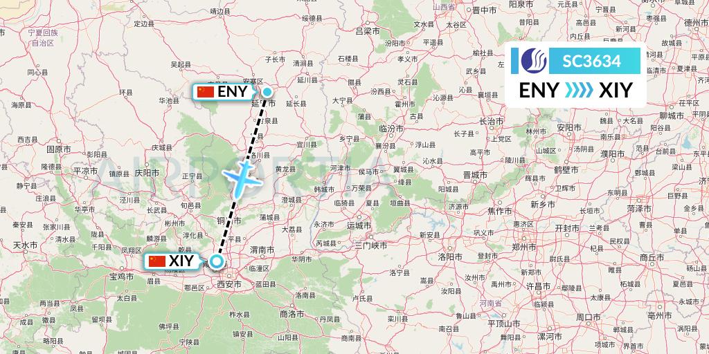 SC3634 Shandong Airlines Flight Map: Yan'an to Xi'an