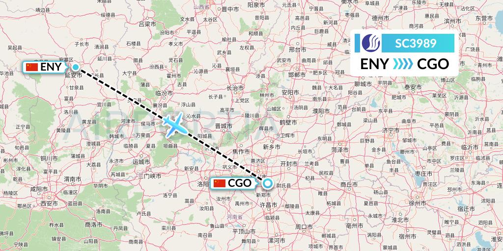 SC3989 Shandong Airlines Flight Map: Yan'an to Zhengzhou