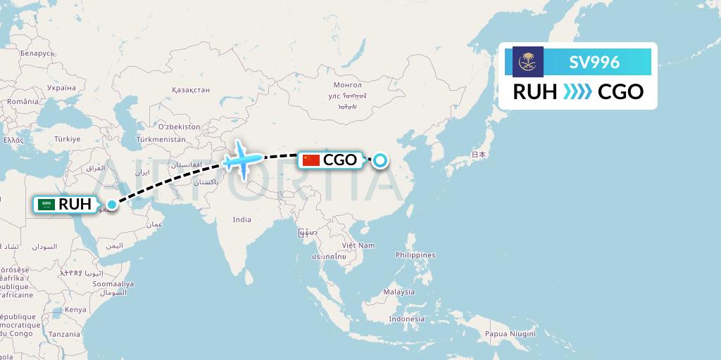 SV996 Saudi Arabian Airlines Flight Map: Riyadh to Zhengzhou