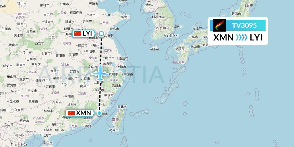 TV3095 Tibet Airlines Flight Map: Xiamen to Linyi