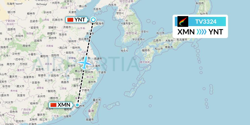 TV3324 Tibet Airlines Flight Map: Xiamen to Yantai
