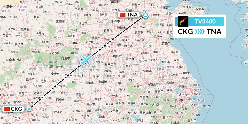 TV3400 Tibet Airlines Flight Map: Chongqing to Jinan