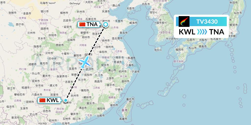 TV3430 Tibet Airlines Flight Map: Guilin to Jinan