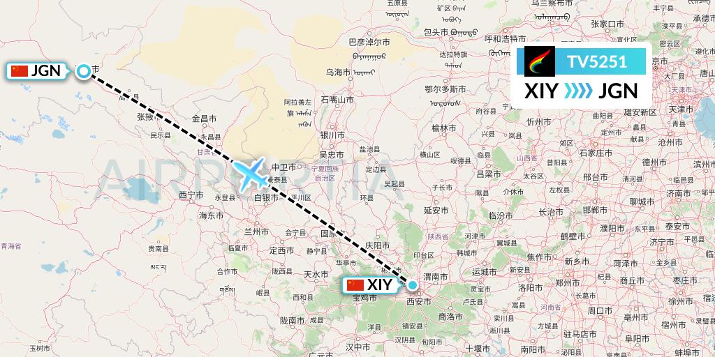 TV5251 Tibet Airlines Flight Map: Xi'an to Jiayuguan