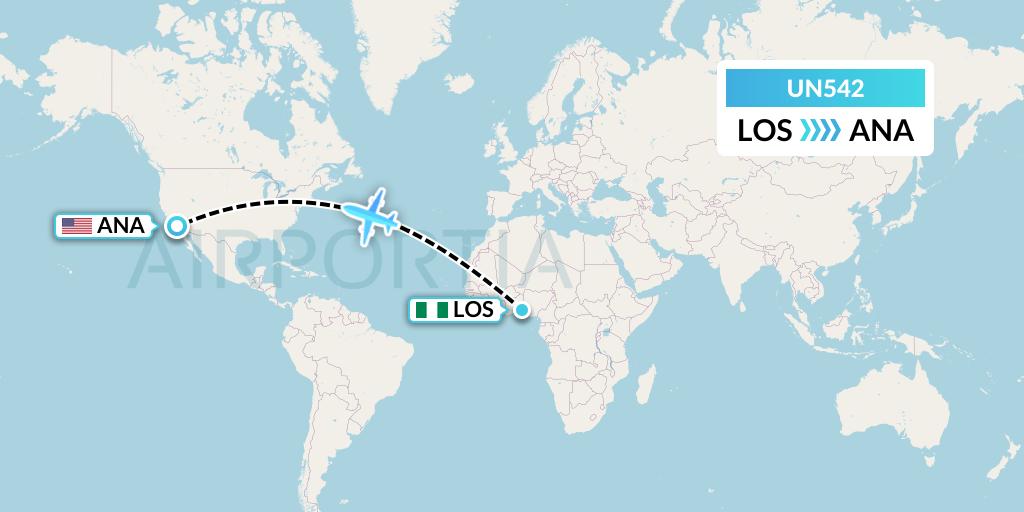 UN542 United Nigeria Airlines Flight Map: Lagos to Anaheim