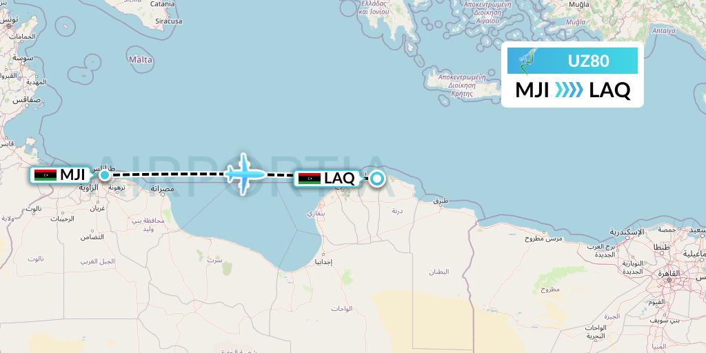 UZ80 Buraq Air Flight Map: Tripoli to Beida