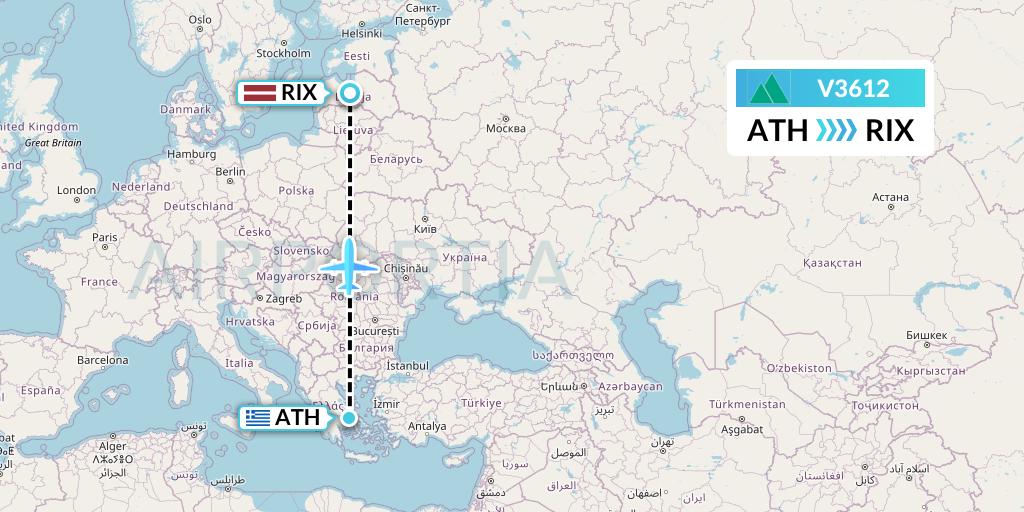 V3612 Carpatair Flight Map: Athens to Riga