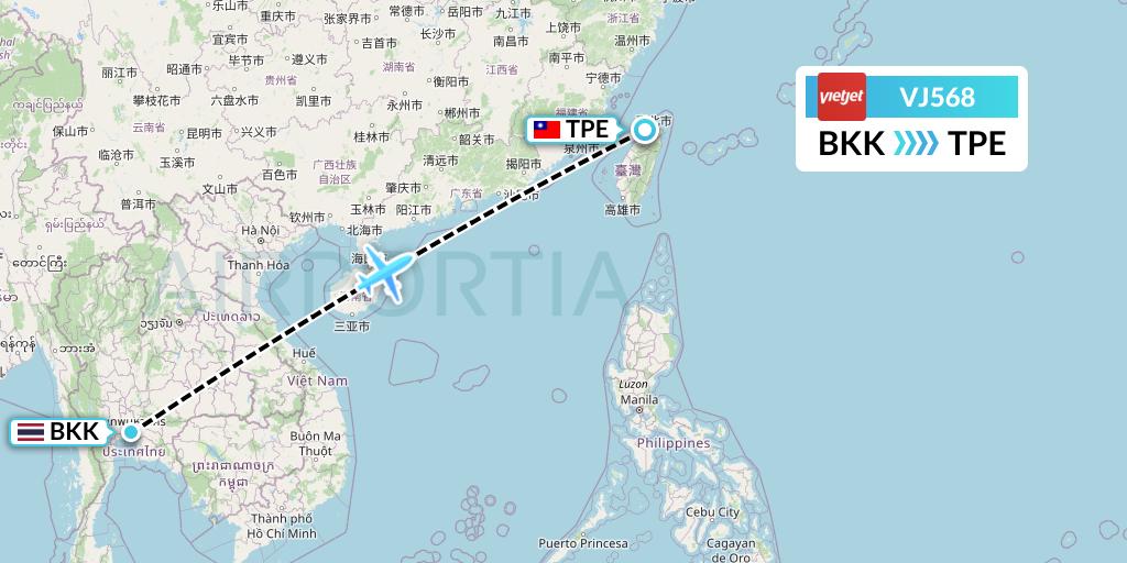 VJ568 VietJet Air Flight Map: Bangkok to Taipei