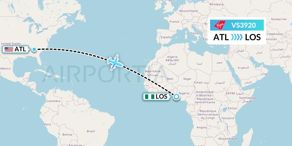 VS3920 Virgin Atlantic Airways Flight Map: Atlanta to Lagos