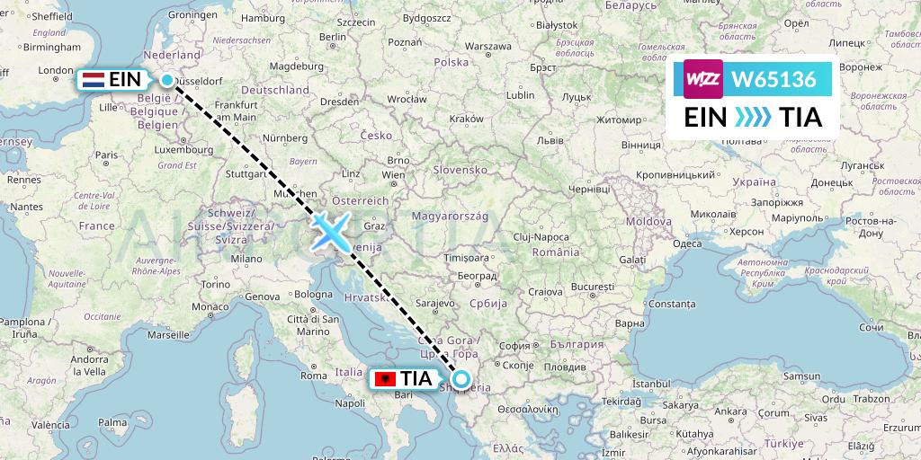 W65136 Wizz Air Flight Map: Eindhoven to Tirana