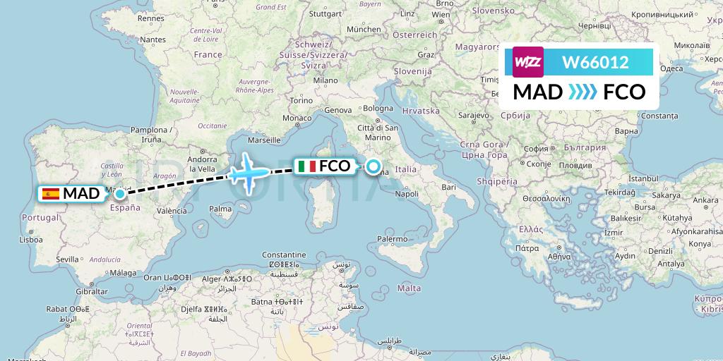 W66012 Wizz Air Flight Map: Madrid to Rome