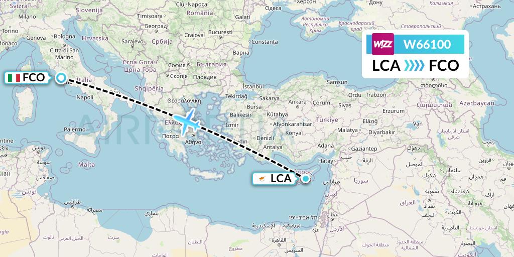 W66100 Wizz Air Flight Map: Larnaca to Rome