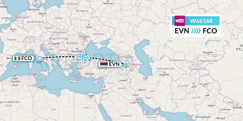 W66168 Wizz Air Flight Map: Yerevan to Rome
