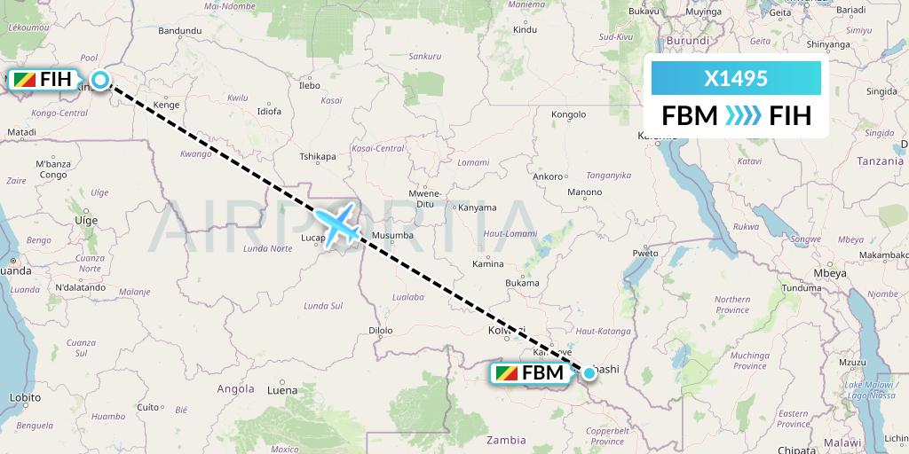 X1495 Nik Airways Flight Map: Lubumbashi to Kinshasa