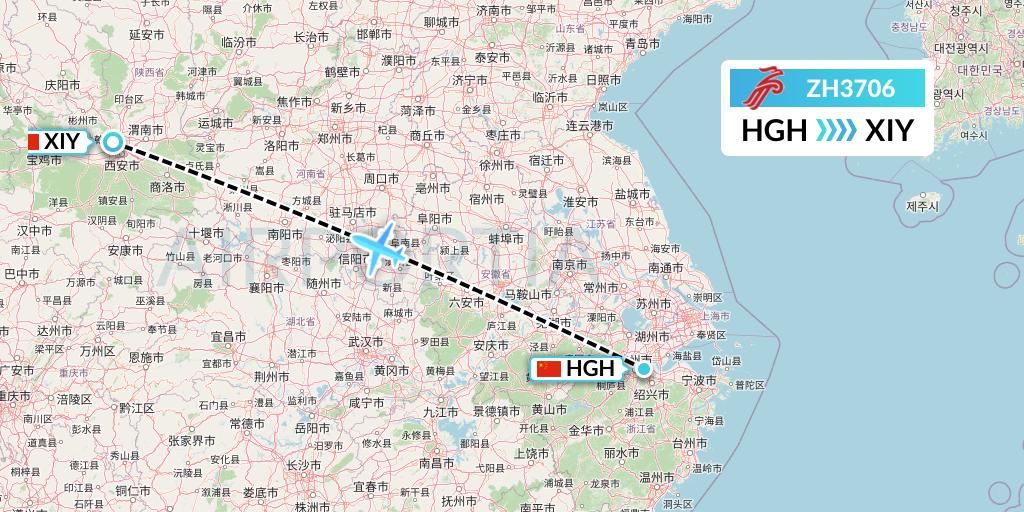 ZH3706 Shenzhen Airlines Flight Map: Hangzhou to Xi'an