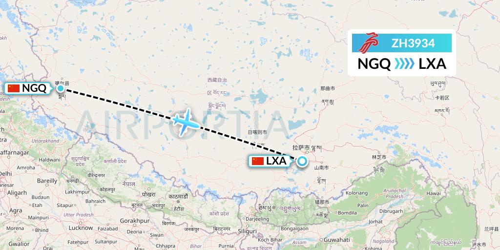 ZH3934 Shenzhen Airlines Flight Map: Ngari to Lhasa