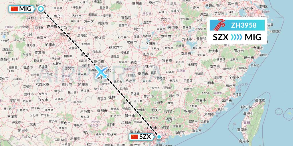 ZH3958 Shenzhen Airlines Flight Map: Shenzhen to Mianyang