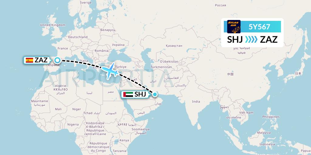 5Y567 Atlas Air Flight Map: Sharjah to Zaragoza