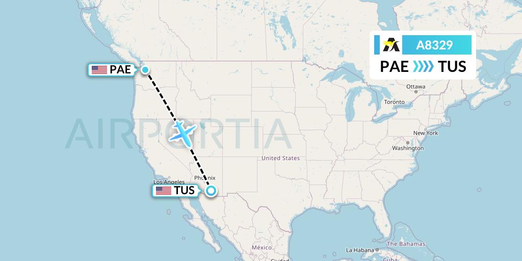 A8329 Aerolink Uganda Flight Map: Everett to Tucson
