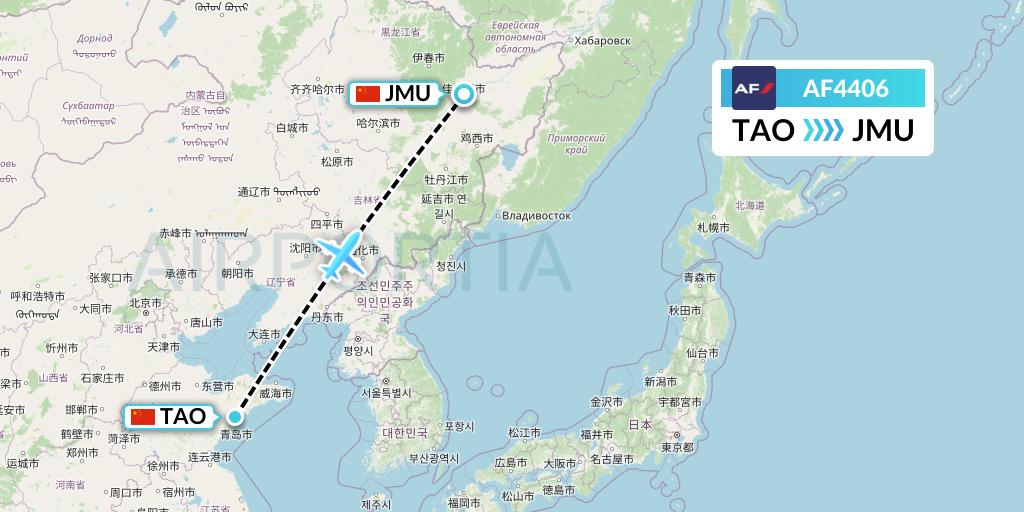 AF4406 Air France Flight Map: Qingdao to Jiamusi