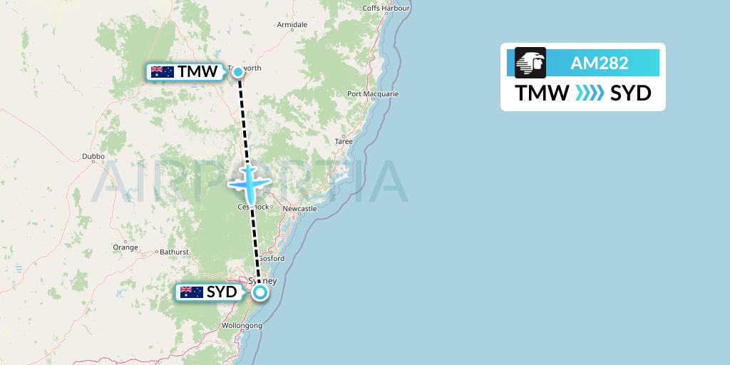 AM282 Aeromexico Flight Map: Tamworth to Sydney