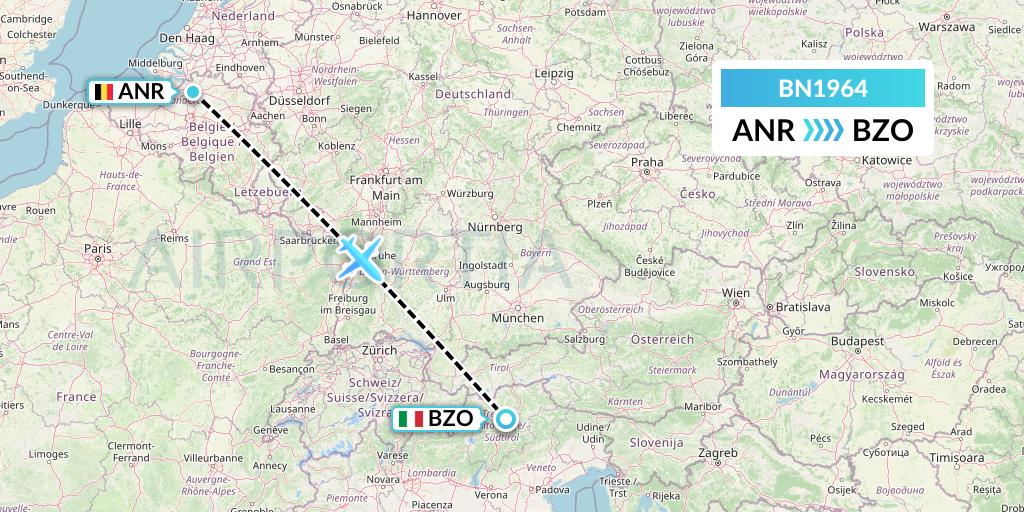 BN1964 Forward Air International Airlines Flight Map: Antwerp to Bolzano