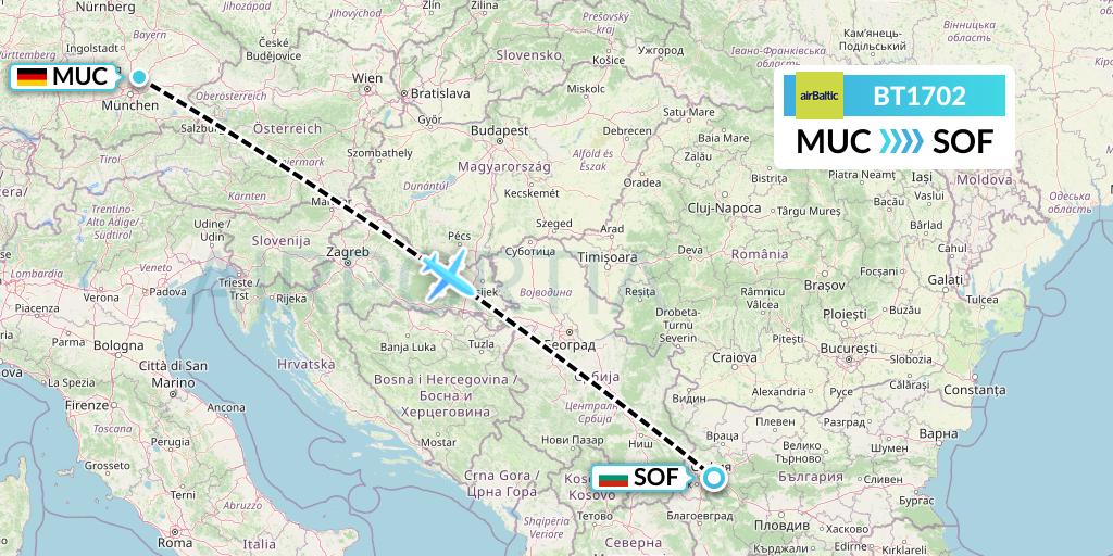 BT1702 Air Baltic Flight Map: Munich to Sofia