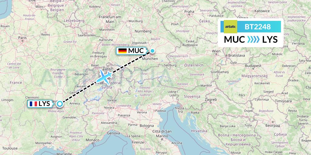 BT2248 Air Baltic Flight Map: Munich to Lyon