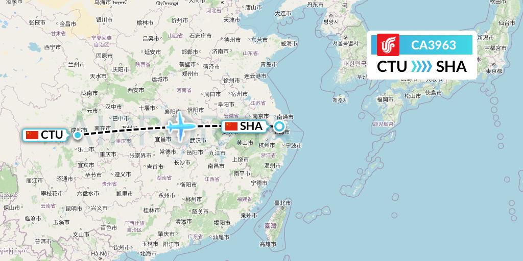 CA3963 Air China Flight Map: Chengdu to Shanghai