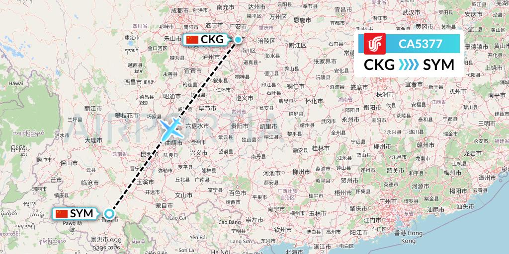 CA5377 Air China Flight Map: Chongqing to Pu'er