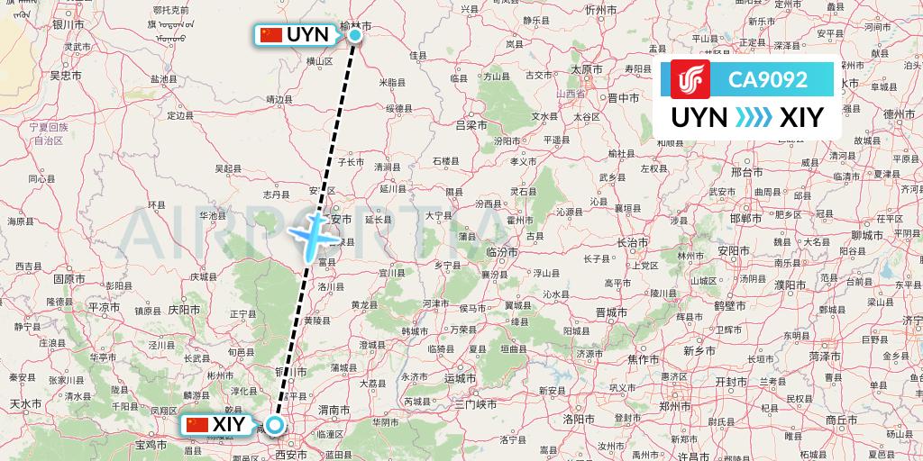 CA9092 Air China Flight Map: Yulin to Xi'an