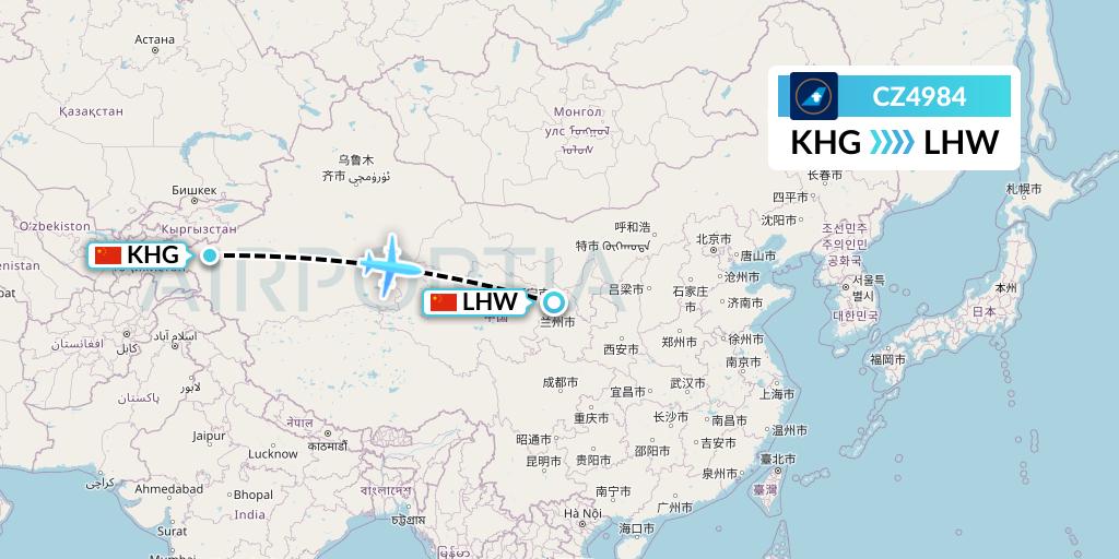 CZ4984 China Southern Airlines Flight Map: Kashgar to Lanzhou